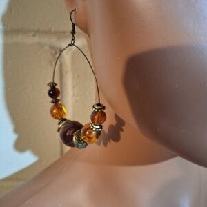 Elegant Gold and Brown Beaded Hoop Earrings